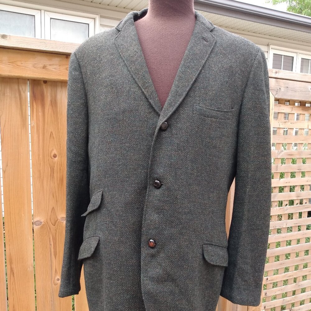 Vintage Equestrian Jacket Tweed Green Wool Double Vent 44.5" Chest